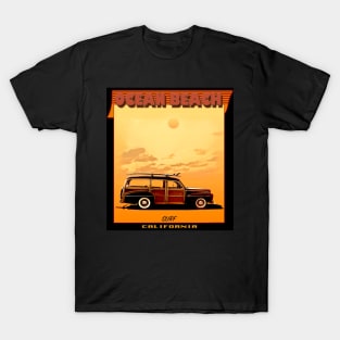 Ocean Beach California Surf Woody Wagon T-Shirt